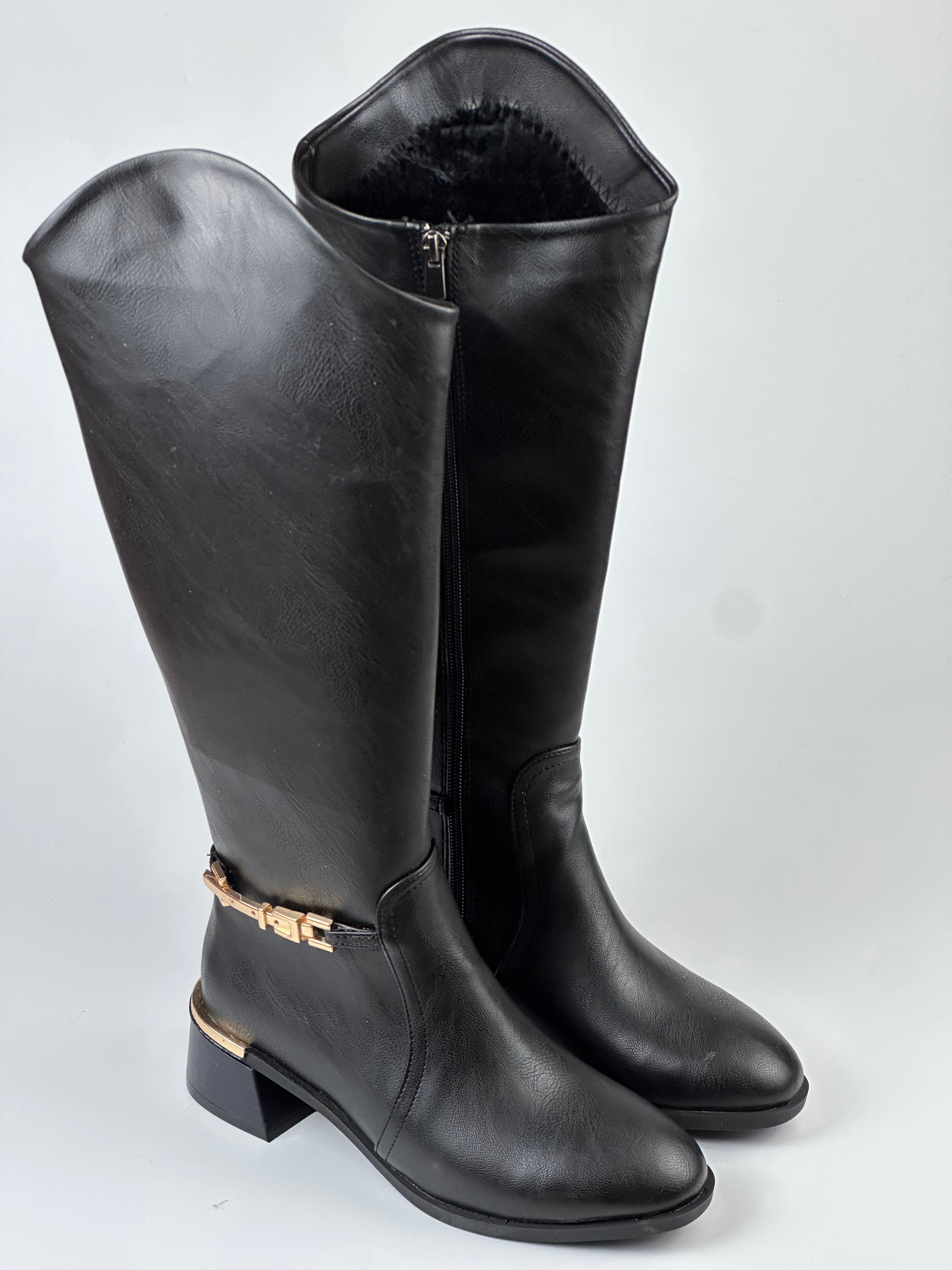 ElegantRide Kadın Siyah Dizlik Çizme – Gold Tokalı