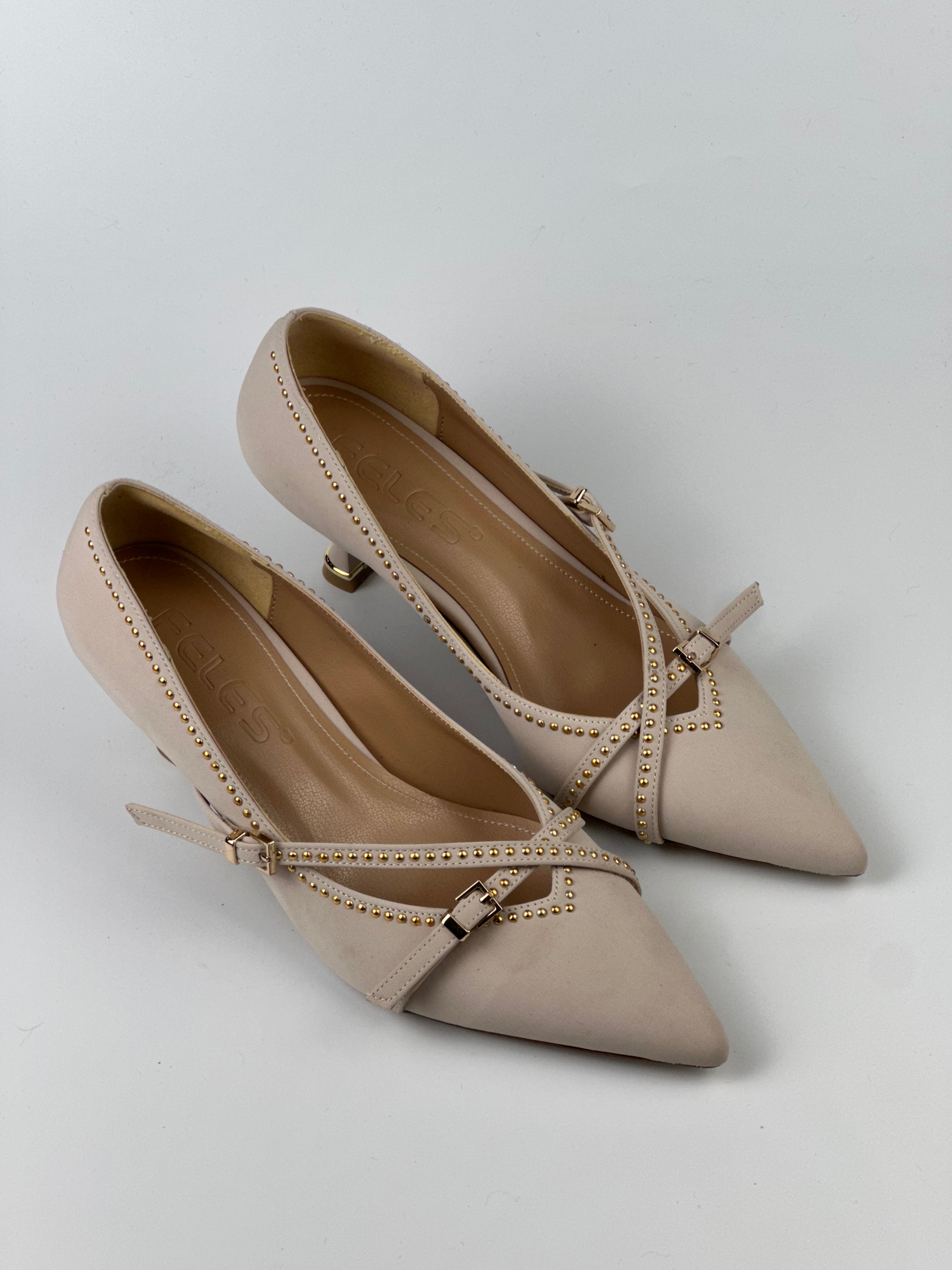 Elegance Studs Kadın Topuklu Ayakkabı – Gold Detaylı