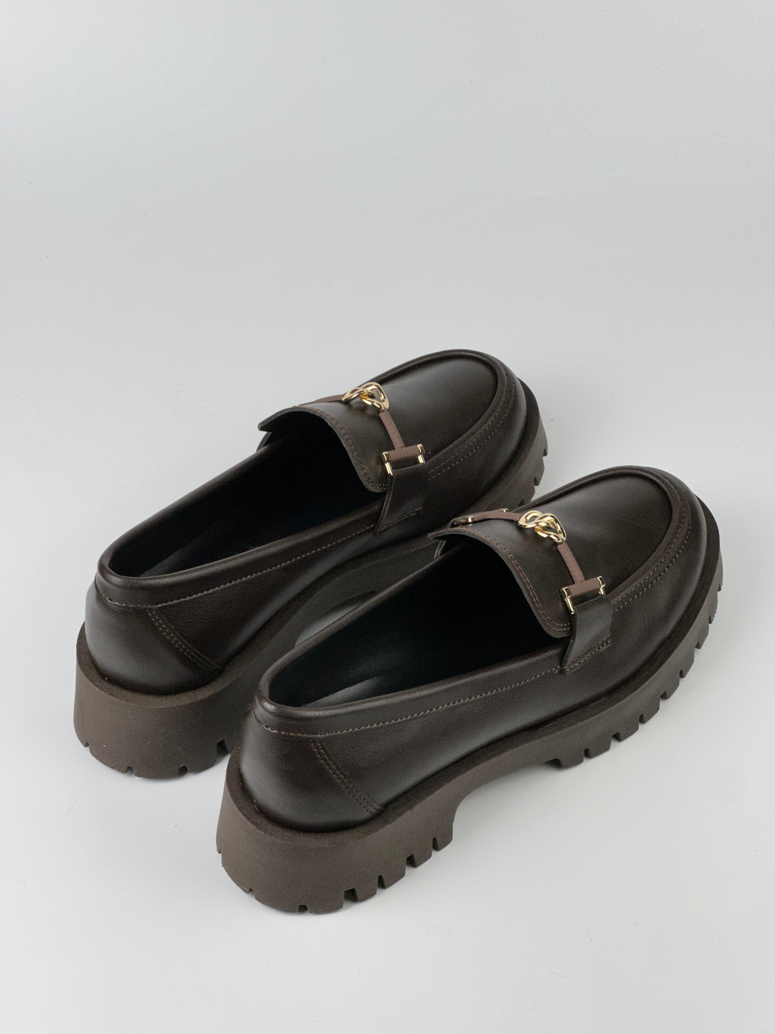 BoldStep Kadın Kahverengi Kalın Taban Loafer – Gold Tokalı