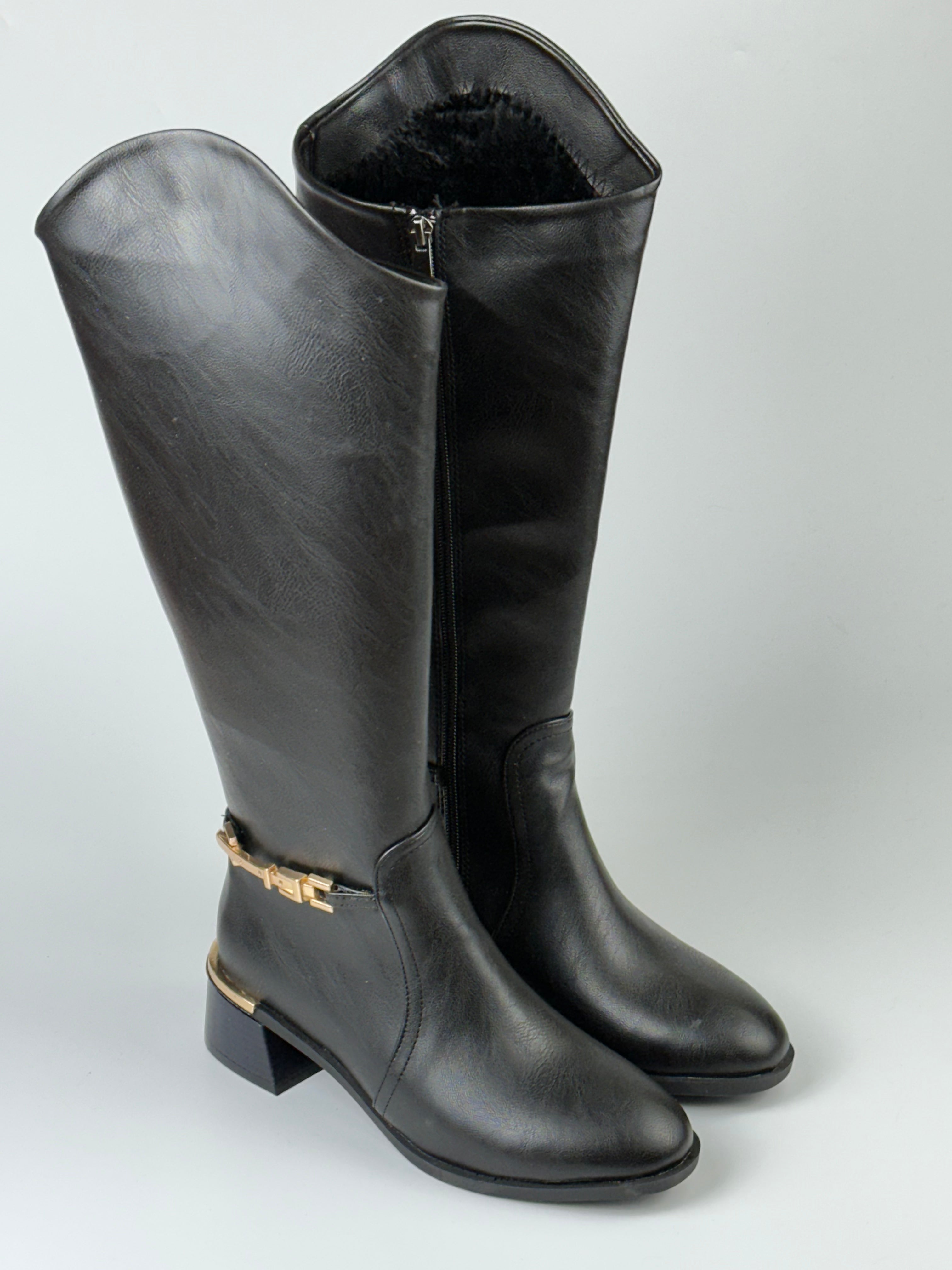 ElegantRide Kadın Siyah Dizlik Çizme – Gold Tokalı